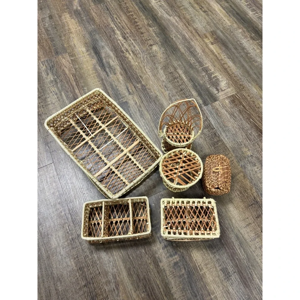 Vintage Wicker Rattan Miniature Furniture Basket Set 6pc Boho Peacock Chair Tray